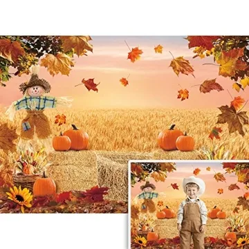 Autumn Photography Background Thanksgiving Harvest Barn Party Backdrop Pumpkin Maple Leaf Hay Wooden...