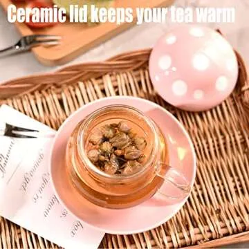 Aboyer Mushroom Cup Cute Glass Tea Cup with Infuser and Lid Kawaii Mushroom Mug Set Coffee Teapot with Ceramic Coasters 11oz (Pink)