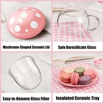 Aboyer Mushroom Cup Cute Glass Tea Cup with Infuser and Lid Kawaii Mushroom Mug Set Coffee Teapot with Ceramic Coasters 11oz (Pink)