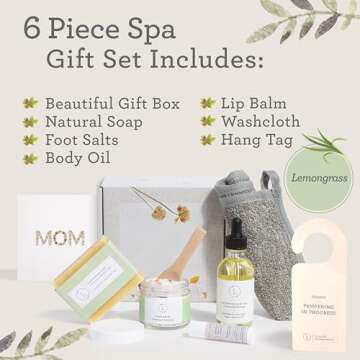 Lizush Lemongrass 6-Piece Spa Gift Set for Women - Relaxing Self-Care Basket, Luxury Handmade Body C...