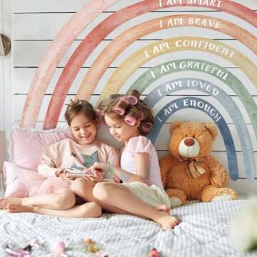 Tinideya 76.77x47.24'' Watercolor Large Rainbow Wall Decal with Inspirational Quote Peel and Stick Rainbow Wall Stickers Waterproof Decal for Girls Kids Bedroom Classroom Nursery Playroom(Cute)