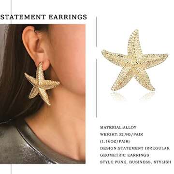 Aksod Starfish Earrings Large Gold Statement Big Star Earrings for Women Boho Fashion Beach Ear Jewe...