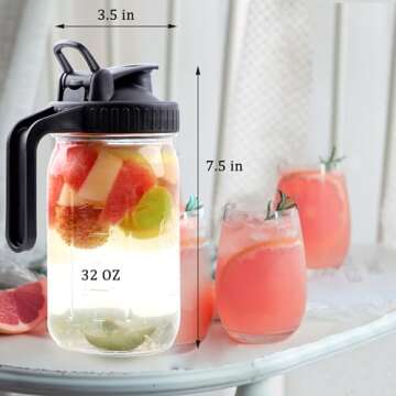 Wide Mouth Mason Jar Pitcher 32 OZ With Pour Spout And Handle Airtight Leak-proof Glass Pitcher With Flip Lids For Iced Tea, Milk, Sun Tea, Lemonade