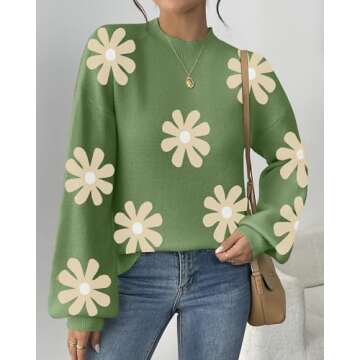 Zeagoo Sweaters for Women 2025 Fashion Trendy Long Sleeve Turtleneck Pullover Lantern Knit Sweater Tops Green-Flower