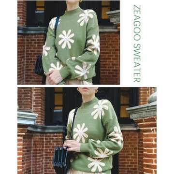 Zeagoo Sweaters for Women 2025 Fashion Trendy Long Sleeve Turtleneck Pullover Lantern Knit Sweater Tops Green-Flower