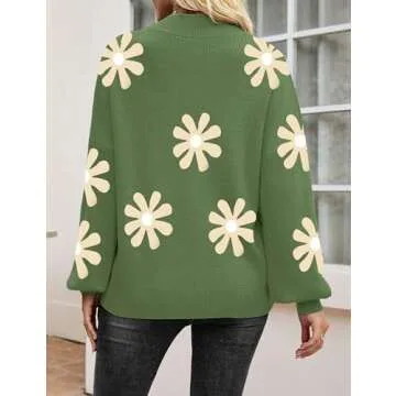 Zeagoo Sweaters for Women 2025 Fashion Trendy Long Sleeve Turtleneck Pullover Lantern Knit Sweater Tops Green-Flower