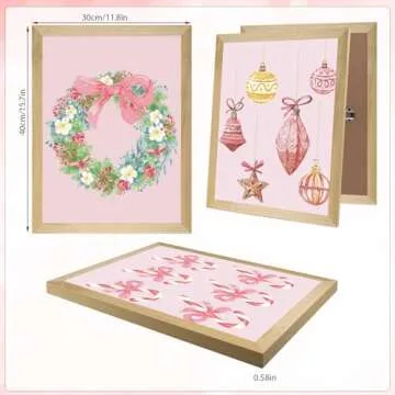 Set of 4 Framed Pink Christmas Wall Art Prints Decor,12x16”Vintage Xmas Tree Garland Framed Wall S...