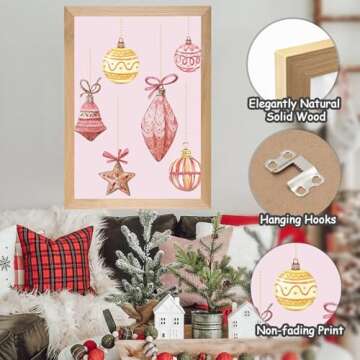 Set of 4 Framed Pink Christmas Wall Art Prints Decor,12x16”Vintage Xmas Tree Garland Framed Wall Signs Art Decor for Office Bedroom Living Room Classroom