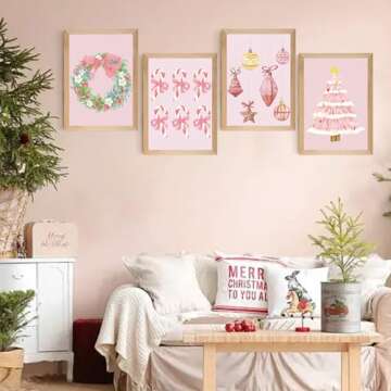 Set of 4 Framed Pink Christmas Wall Art Prints Decor,12x16”Vintage Xmas Tree Garland Framed Wall Signs Art Decor for Office Bedroom Living Room Classroom