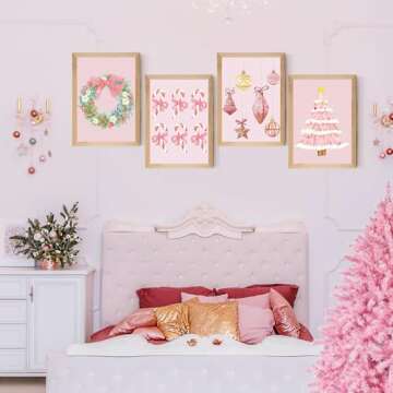 Set of 4 Framed Pink Christmas Wall Art Prints Decor,12x16”Vintage Xmas Tree Garland Framed Wall Signs Art Decor for Office Bedroom Living Room Classroom