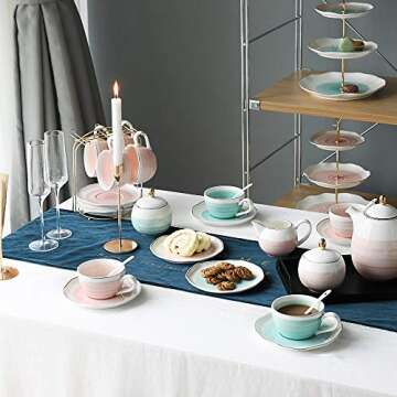 Sweejar Porcelain Tea Sets, 8 OZ Cups & Saucer Service for 4, Teapot Sugar Bowl Cream Pitcher Teaspoons and Tea Strainer for Adult Tea Coffee Afternoon Party(Blue)