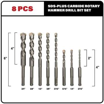 Sabre Tools 8-Piece SDS Plus Drill Bit Set, Carbide Tipped, Rotary Hammer Drill Bits for Brick, Ston...