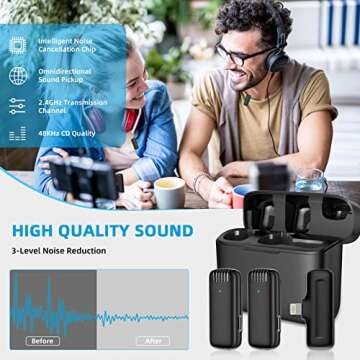 2 Pack Wireless Lavalier Microphone for iPhone iPad Lapel Microphone Wireless with Charging Case Clip on Microphone Mic for iphone Video Recording Interview Vlog Live Stream Plug-Play Noise Reduction