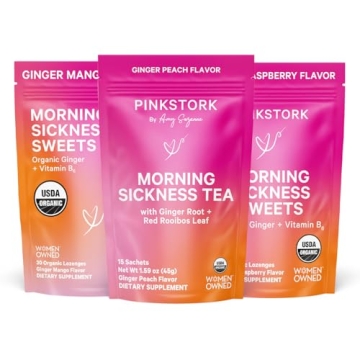 Pink Stork Morning Sickness Bundle with Organic Ginger Peach Tea and Sweets, Supports Morning Sickne...