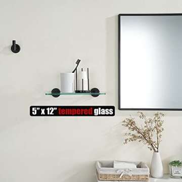 JQK Bathroom Glass Shelf Black, Tempered Glass Shower Storage 12 by 5 inches, 304 Stainless Steel Ma...
