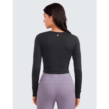 CRZ YOGA Seamless Ribbed Double Lined Long Sleeve Crop Tops for Women Crew Neck Athletic Workout Bas...