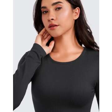CRZ YOGA Seamless Ribbed Double Lined Long Sleeve Crop Tops for Women Crew Neck Athletic Workout Basic Cropped Fitted Shirts Black Small
