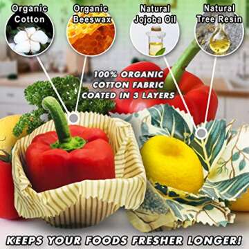 SWOOFE Reusable Beeswax Food Wrap (7 PACK), Zero Waste, Beeswax Wraps, Eco Friendly, Organic, Sustainable Products, Beeswax Wrap Food Storage, Wrappers Cling Sandwich, Alternative To Plastic Bags