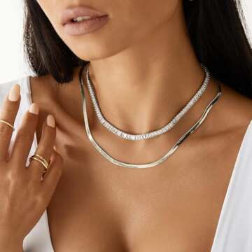 KissYan Diamond Tennis Necklace for Women, White Gold Plated Cubic Zirconia Baguette Tennis Choker Dainty Jewelry Gifts(33B-W)