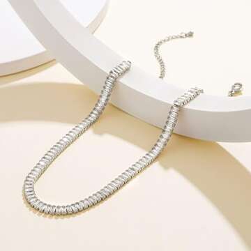 KissYan Diamond Tennis Necklace for Women, White Gold Plated Cubic Zirconia Baguette Tennis Choker Dainty Jewelry Gifts(33B-W)