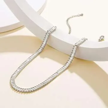 KissYan Diamond Tennis Necklace for Women, White Gold Plated Cubic Zirconia Baguette Tennis Choker Dainty Jewelry Gifts(33B-W)