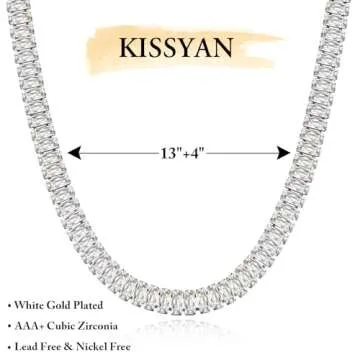 KissYan Diamond Tennis Necklace for Women, White Gold Plated Cubic Zirconia Baguette Tennis Choker Dainty Jewelry Gifts(33B-W)