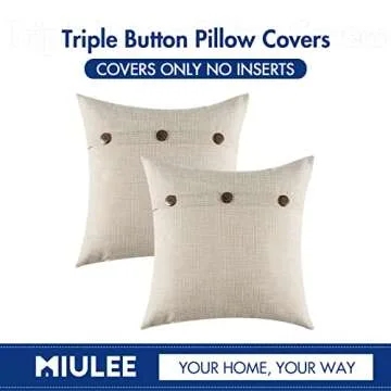 MIULEE Set of 2 Decorative Linen Throw Pillow Covers Cushion Case Triple Button Vintage Farmhouse Pillowcase for Couch Sofa Bed 18 x 18 Inch 45 x 45 cm Beige