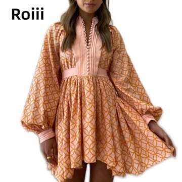 Roiii Women A-Line Lace Loose Baroque Button Down Long Sleeve Casual Dresses V Neck Embroidery Party...