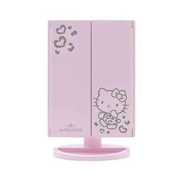 Impressions Makeup Vanity Hello Kitty, Trifold With LED Lights Tri-Tone Mirror with Touch Sensor and Three Adjustable Panels, Handheld Magnifying Mirror (Pink)