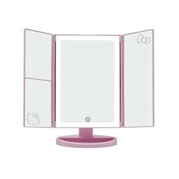 Impressions Makeup Vanity Hello Kitty, Trifold With LED Lights Tri-Tone Mirror with Touch Sensor and Three Adjustable Panels, Handheld Magnifying Mirror (Pink)