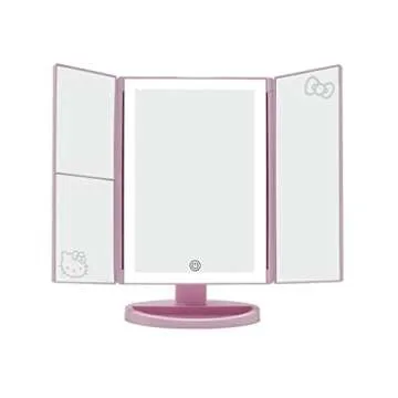 Impressions Makeup Vanity Hello Kitty, Trifold With LED Lights Tri-Tone Mirror with Touch Sensor and Three Adjustable Panels, Handheld Magnifying Mirror (Pink)