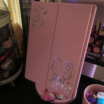 Impressions Makeup Vanity Hello Kitty, Trifold With LED Lights Tri-Tone Mirror with Touch Sensor and Three Adjustable Panels, Handheld Magnifying Mirror (Pink)
