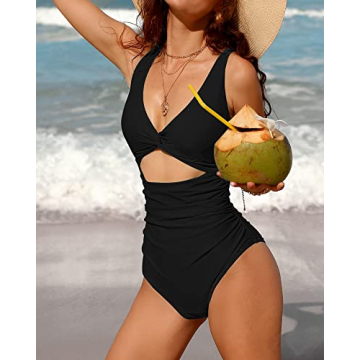 Charmo Womens One Piece Swimsuit Ruched Tummy Control High Cut Backless V Neck Bathing Suits Swimwear Black Small