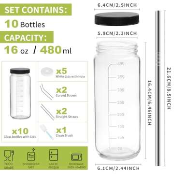 Ruckae 16oz 10 Pack Juice Bottles, Glass Bottles with Lids, Smoothie Cup Lids and Straws, Water Bott...