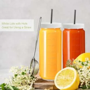 Ruckae 16oz 10 Pack Juice Bottles, Glass Bottles with Lids, Smoothie Cup Lids and Straws, Water Bottle Mason Jar Drinking Glasses for Juicing, Smoothies, Kombucha