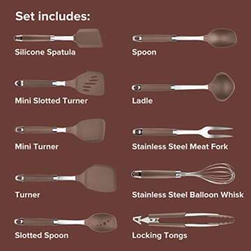 Anolon Tools Set/Nonstick Nylon Cooking Utensils/Kitchen Gadgets Includes Spoons, Turners, Ladle, Meat Fork, Whisk, and Locking Tongs, 10 Piece, Bronze