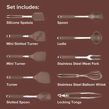 Anolon Tools Set/Nonstick Nylon Cooking Utensils/Kitchen Gadgets Includes Spoons, Turners, Ladle, Meat Fork, Whisk, and Locking Tongs, 10 Piece, Bronze