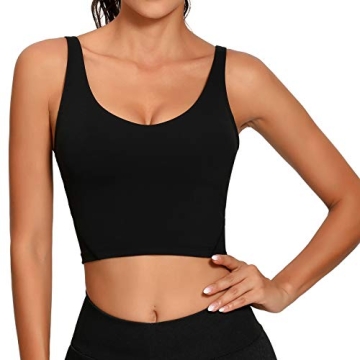 Lemedy Women Sports Bra Longline Crop Tank Top Padded Workout Running Yoga (M, Black)