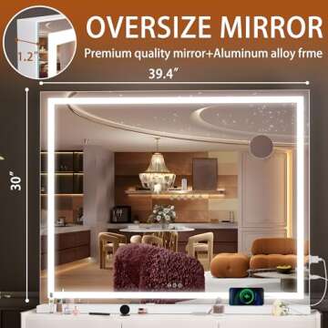 Hasipu Vanity Mirror with Lights, 40" x 30" LED Makeup Mirror, Lighted Makeup Mirror with Dimmable 3...