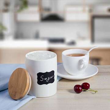 Lucky Goddess 10 fl oz Airtight Ceramic Sugar Bowl with Seal Bamboo Lid, Porcelain Sugar Container F...