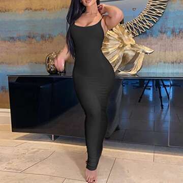 Women's Sexy Hollow Out Maxi Dress Summer Solid Color Halter Neck Cami Dress Split Elegant Evening Party Formal Dress (Black-1, Small)