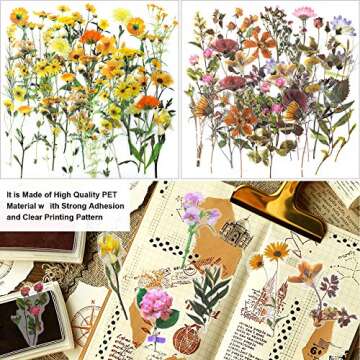 240pcs Vintage Floral Flowers and Leaves Scrapbook Aesthetic Stickers Set Transparent Decorative Floral and Plant Series Decals PET Stickers Resin Supplies for Envelope Scrapbooking Luggage Journals