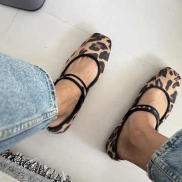 MRKEWUNEY Elegant Leopard Ballet Flats for Women Buckle Strap Mary Jane Flats Ballerina Shoes Rhinestone Pointed Head Ballet Flat Shoes for Women Leopard Szie US 7