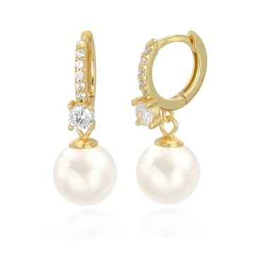 Voaino Pearl Earrings for Women 18K Gold Plated Cubic Zirconia Hoop Dangle Earrings Hypoallergenic E...