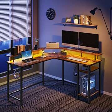 L Shaped Gaming Desk with LED Lights - Rolanstar