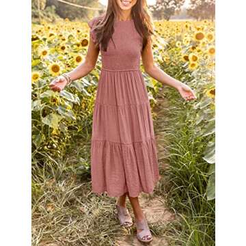 MEROKEETY Women's Flutter Short Sleeve Smocked Midi Dress Summer Casual Tiered A-Line Dress,Dustypink,S