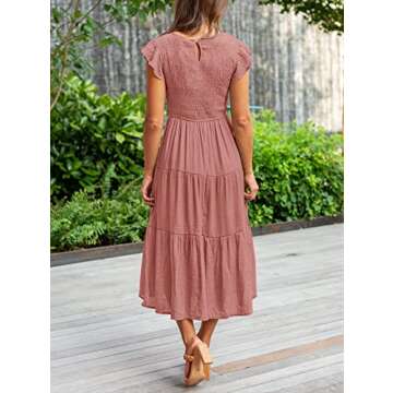 MEROKEETY Women's Flutter Short Sleeve Smocked Midi Dress Summer Casual Tiered A-Line Dress,Dustypink,S