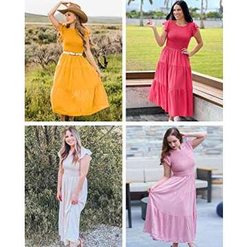 MEROKEETY Women's Flutter Short Sleeve Smocked Midi Dress Summer Casual Tiered A-Line Dress,Dustypink,S