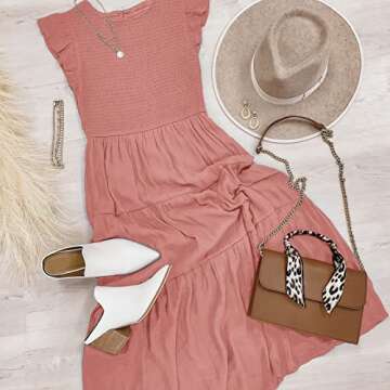 MEROKEETY Women's Flutter Short Sleeve Smocked Midi Dress Summer Casual Tiered A-Line Dress,Dustypink,S