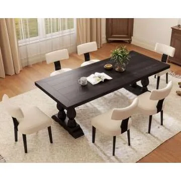 HNY Mid Century Modern Farmhouse Dining Chairs Set of 6, Linen Upholstered Accent Chair Curved Backrest Kitchen Chairs, with Black Hardwood Frame, Beige